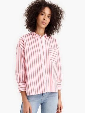 J. Crew NWT Trifecta Stripe Cropped Oversized Poplin Button Down Pink Red XS